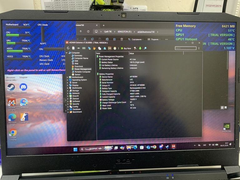 Оголошення Acer 15/core i5-11400h ddr4/16gb ddr4/hdd *відсутній/ssd 512 gb/geforce rtx3060 6gb Б/У