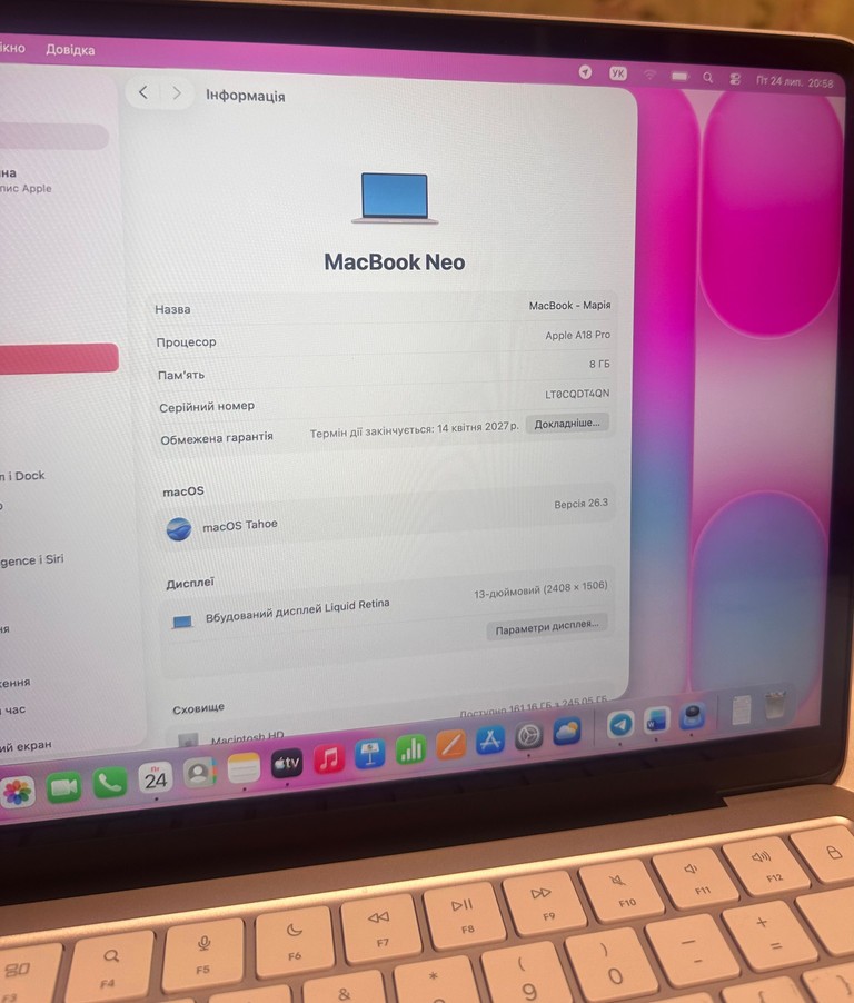 Оголошення MacBook Neo 13″ A18 Pro, 8/256 GB, Blush Б/У