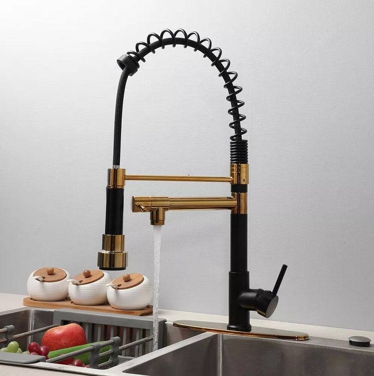 Акція! Шикарний одноважільний кухонний змішувач високого тиску, античне золото/чорний, поворотний з висувним розпилювачем. Новий Код:null. Зображення 11