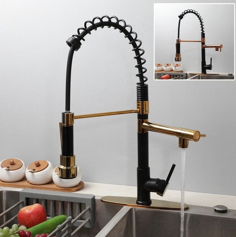 Акція! Шикарний одноважільний кухонний змішувач високого тиску, античне золото/чорний, поворотний з висувним розпилювачем. Новий Код:null. Зображення 9