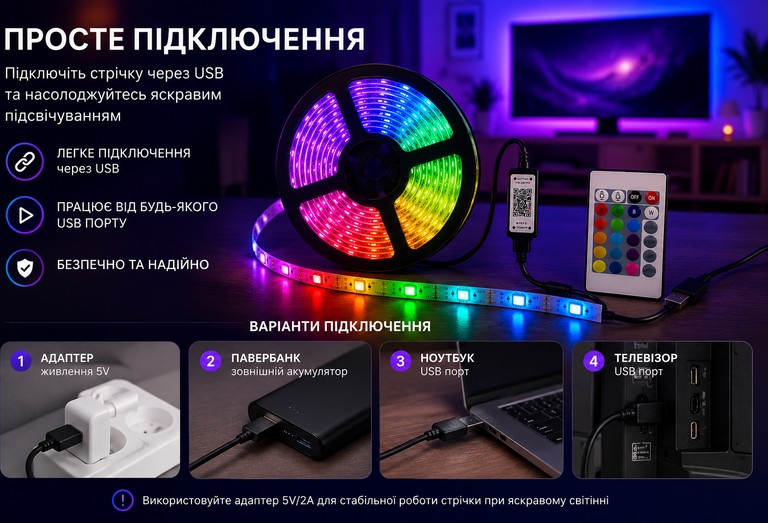 Купити RGB USB 20м / RGB стрічка / USB Led стрічка + пульт Б/У