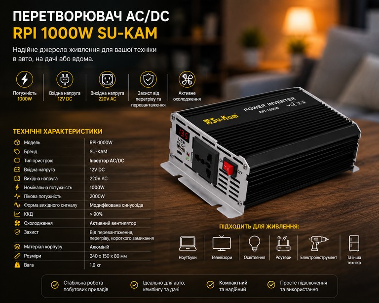Купити Перетворювач AC/DC RPI 1000W SU-KAM / Інвертор з вольтметром / Перетворювач напруги 12-220 В Б/У