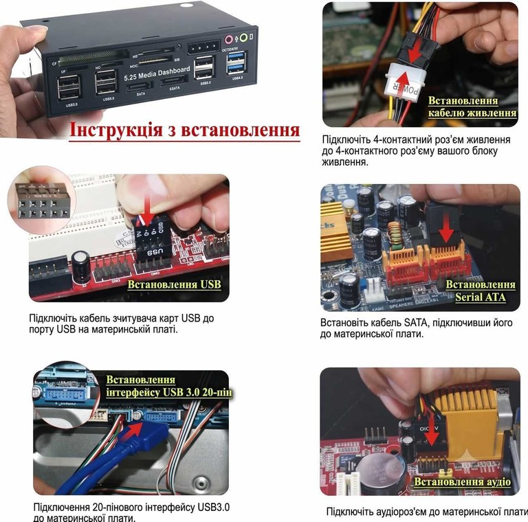 Багатофункціональна передня панель Tccmebius 5.25 дюйма TCC-QL5E — картридер та USB порти для ПК. Нова. Код:null. Изображение 12