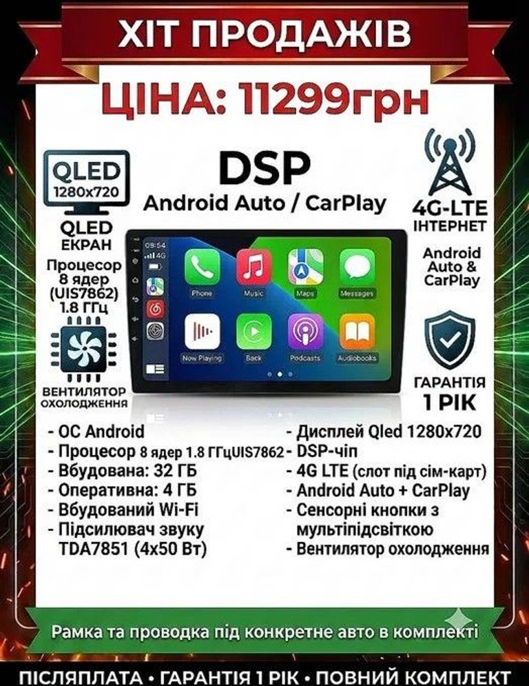 Купити Android з CarPlay 4/32Gb з рамкою під Toyota Volkswagen Skoda Hyundai Kia Mitsubishi Ford Opel Nissan Renault Honda Su Б/У