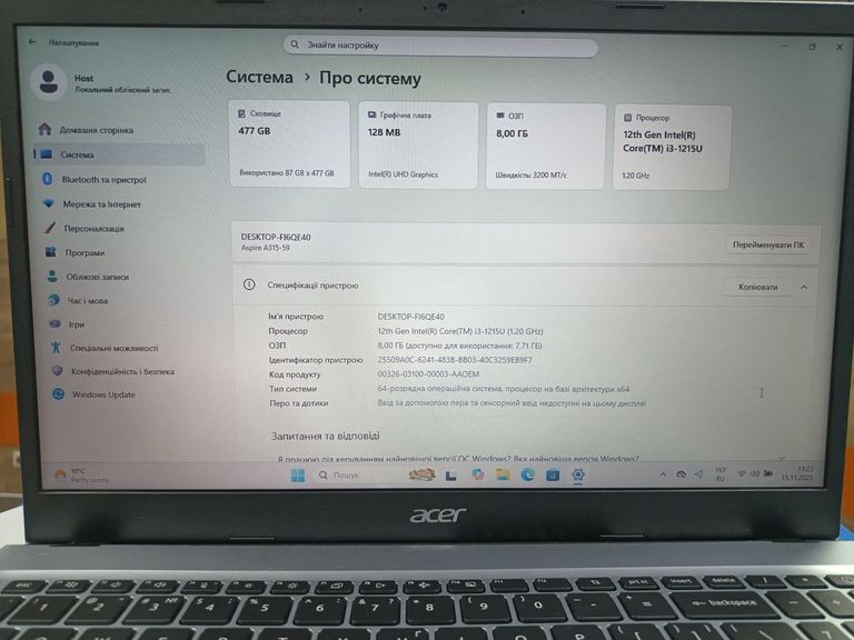 Acer 15/core i3-1215u ddr5/8gb ddr4/hdd *відсутній/ssd 512 gb/*інтегрована Код:01-200788070. Зображення 7