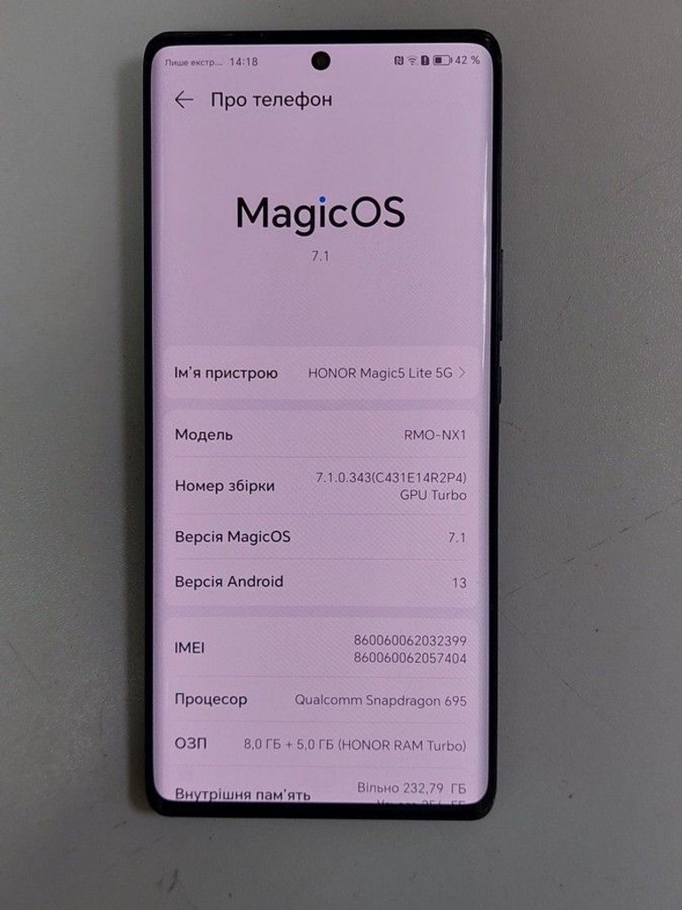 Оголошення Huawei honor magic 5 lite 5g 8/256 Б/У
