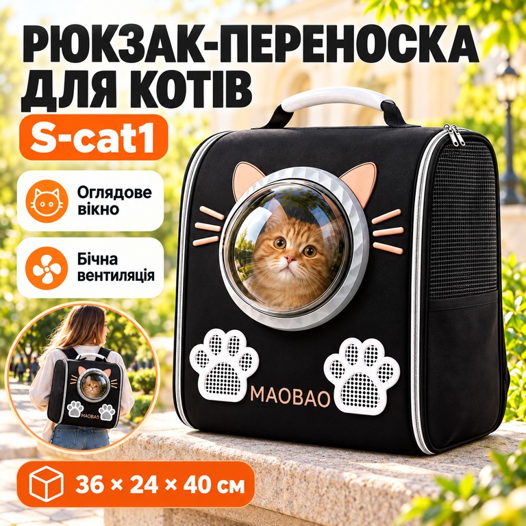 Купить S-cat1 для котів 36×24×40 см чорний • Рюкзак для котів S-cat1 з прозорим вікном та вентиляцією 36×24×40 см Б/У