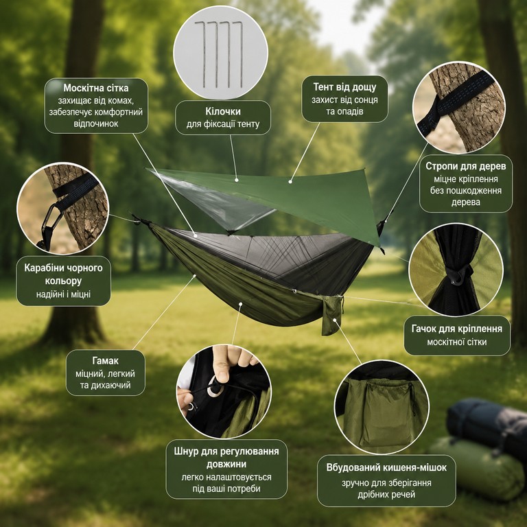 Объявление Hammock з москітною сіткою та тентом від дощу / Гамак-намет похідна для відпочинку на природі 260*140CM Зелений Б/У