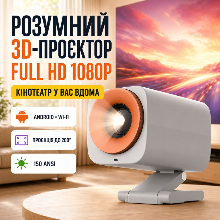 Купити Портативний смарт 3D-проектор 1080P FULLHD Білий Б/У