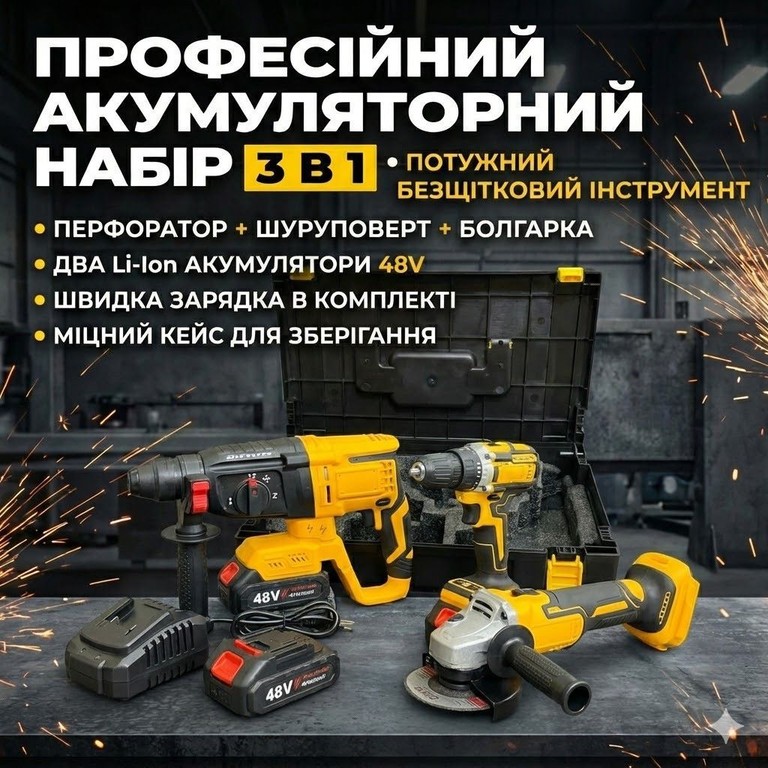 Купить Tool Set 3 в 1 48V: Перфоратор, Шурупокрут, Болгарка (КШМ) Б/У