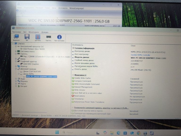 Lenovo 15/pentium n6000 ddr4/8gb ddr4/hdd *відсутній/ssd 256 gb/*інтегрована Код:01-200777169. Зображення 8