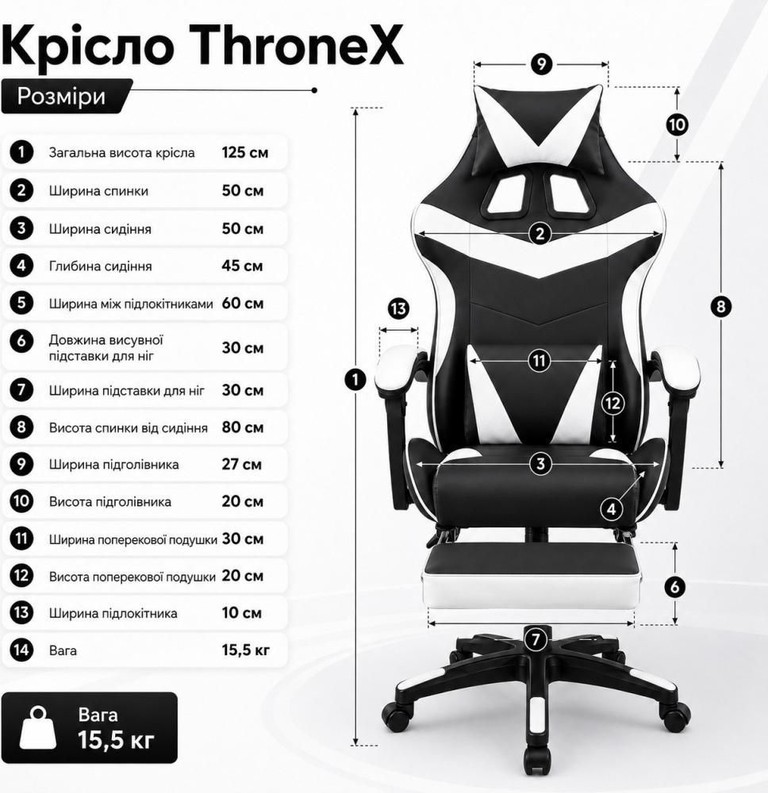 Оголошення (Нове)ThroneX до 130 кг з масажною подушкою та підніжкою, чорно-біле Б/У