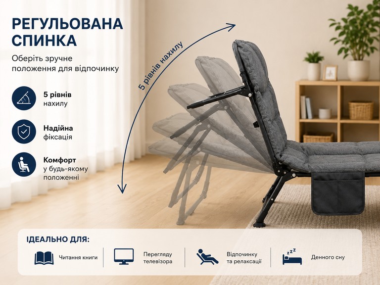 Дешиво Folding bed з регулюванням спинки 180х65х30 см Сірий / Розкладне ліжко з ніжками/розкладачка с ломбарда