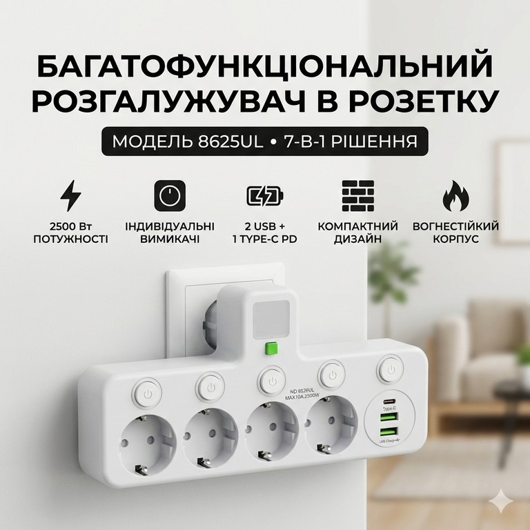 Купити 8625UL з нічником, 4 розетки + USB + Type-C (17559/MG) Білий Б/У
