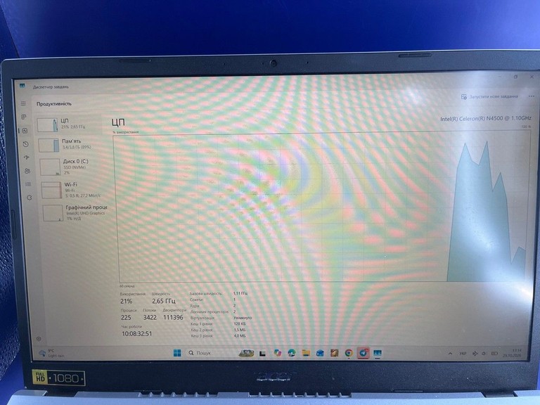 Объявление Acer 15/celeron n4500 ddr4/4gb ddr4/hdd *відсутній/ssd 128 gb/*інтегрована Б/У