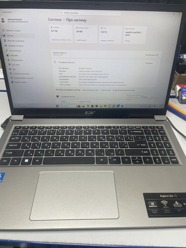 Дешево Acer 15/core 3 n355 ddr4/16gb ddr4/hdd *відсутній/ssd 500 gb/*інтегрована з ломбарду