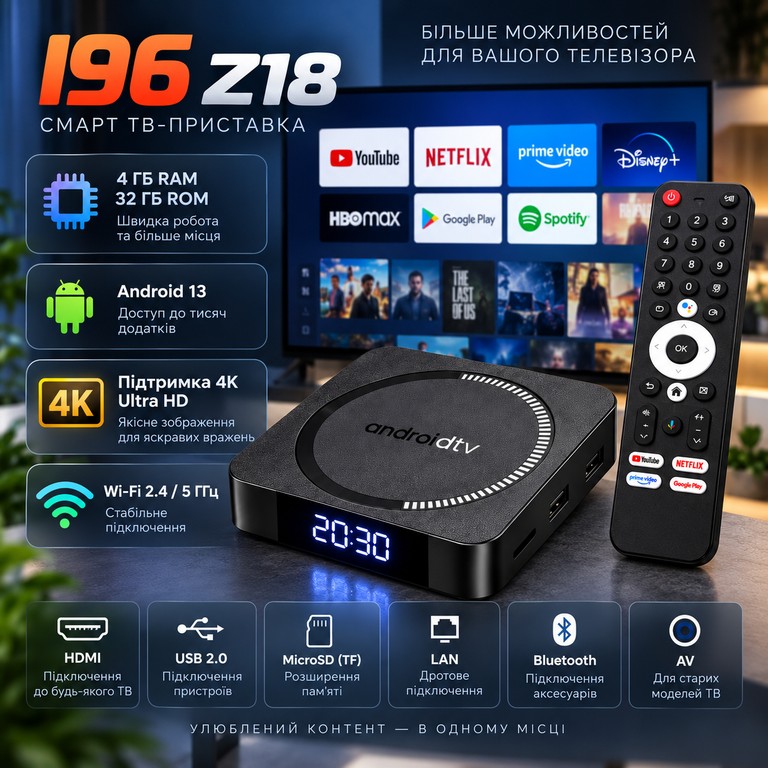 Дешиво I96 Z18 Android TV / Приставка для TV 4/32 ГБ, Wi-Fi 2.4/5 ГГц, 4K с ломбарда