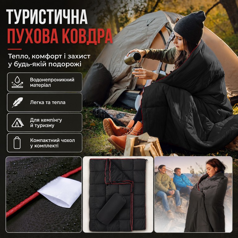 Купить Travel blanket для кемпінгу 200×140 см з водовідштовхувальним покриттям DWR чорна Б/У