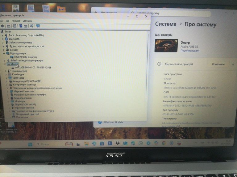 Купити Acer 15/celeron n4500 ddr4/4gb ddr4/hdd *відсутній/ssd 128 gb/*інтегрована Б/У