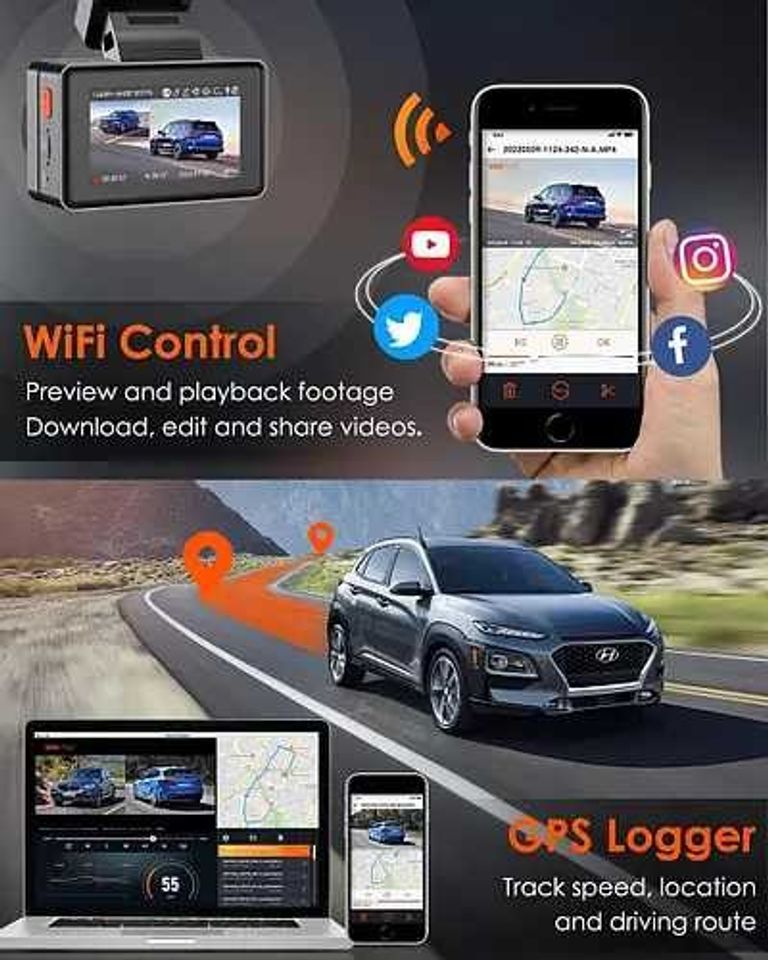 Авто відеореєстратор. VANTRUE E2 Dash Cam Передня та задня камера з голосовим керуванням, подвійна 2.7K відеореєстратор, Wi-Fi,  Код:null. Зображення 5