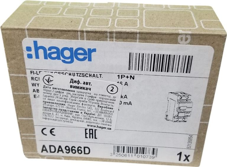 Купить Hager 1P+N 6kA C-16A 30mA А (ADA966D) Б/У