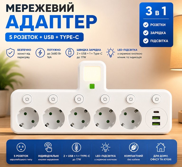 Купить Adapter 5 розеток + USB Б/У