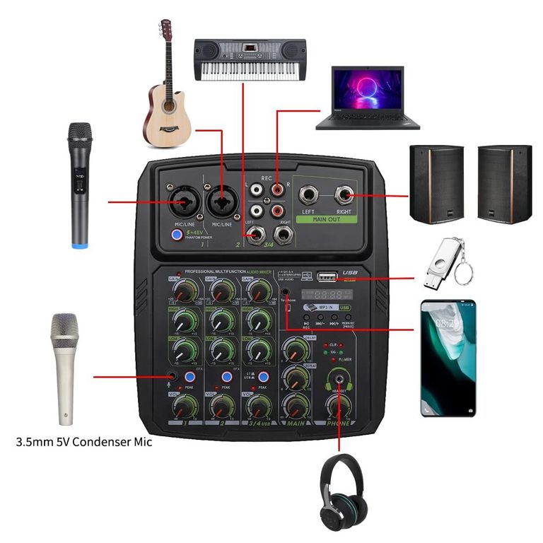 Акція! Аудіоінтерфейсний мікшер 4-канальний бездротовий Bluetooth USB мікшерний пульт MP3 саундборд 48V фантомне живлення пряма  Код:null. Зображення 6