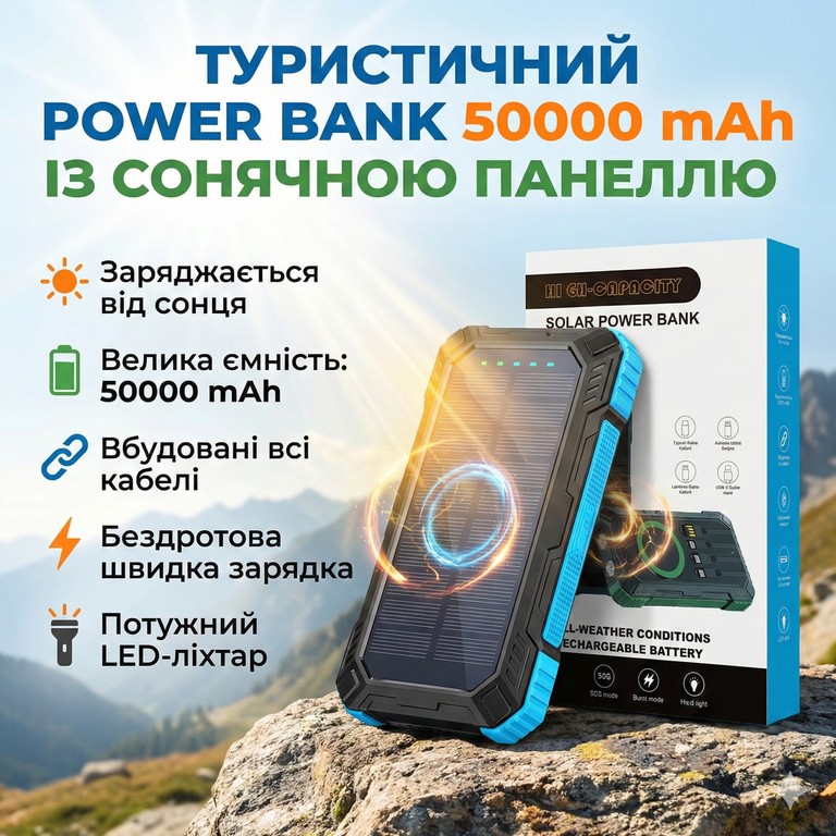 Купить потужний туристичний 50000 mAh із сонячною батареєю, бездротовою зарядкою та 4 вбудованими кабелями (Fast Charge 22.5 Б/У