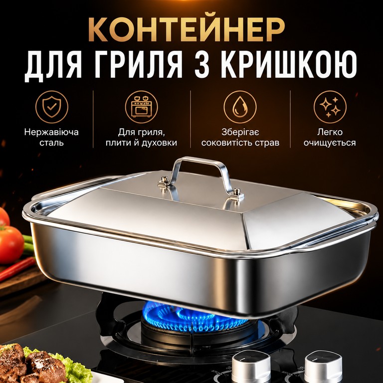 Купити Container tray для гриля з кришкою з нержавіючої сталі для м'яса, риби, овочів, барбекю, плити та духовки Б/У