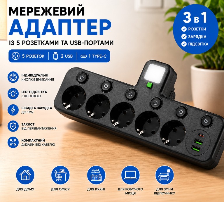Купить Adapter 5 розеток + USB Б/У