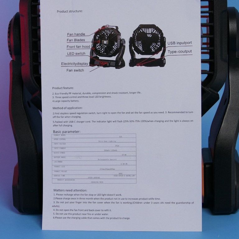 Вентилятор портативний акумуляторний зі світлодіодним ліхтарем GLOGLOW, для кемпінгу, для намету, для пікніка на відкритому пові Код:null. Зображення 9