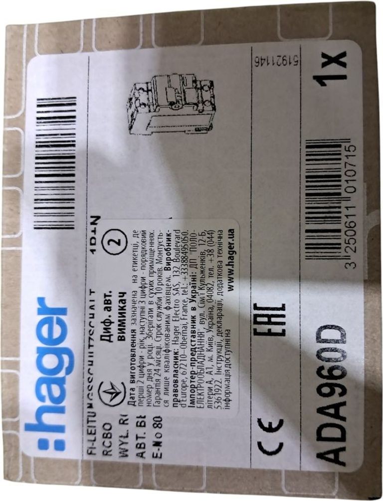 Купить Hager 1P+N 6kA C-16A 30mA А (ADA966D) Б/У