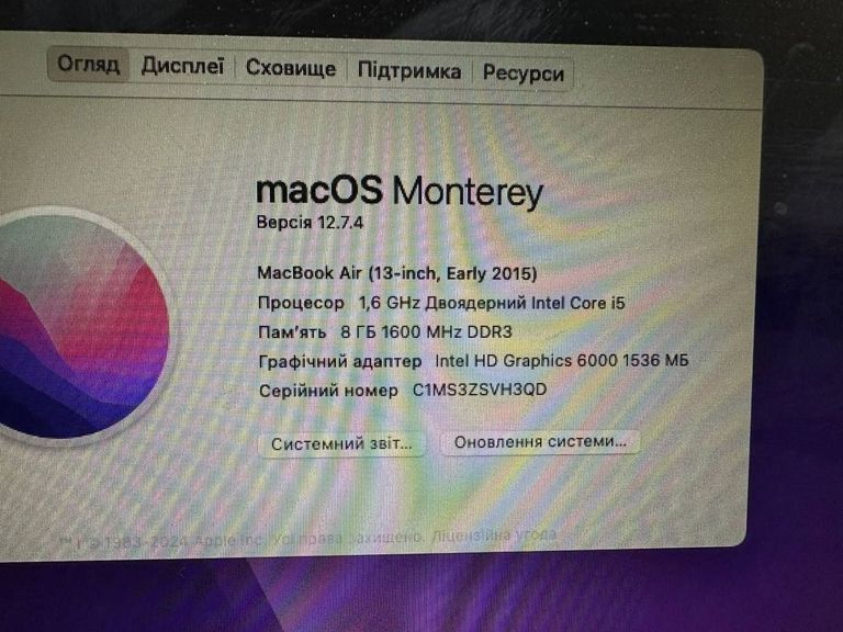 Apple a1466/core i5 1,8 ghz/ram 8gb/ssd 120gb/hd graphics 6000 Код:01-200779155. Изображение 5