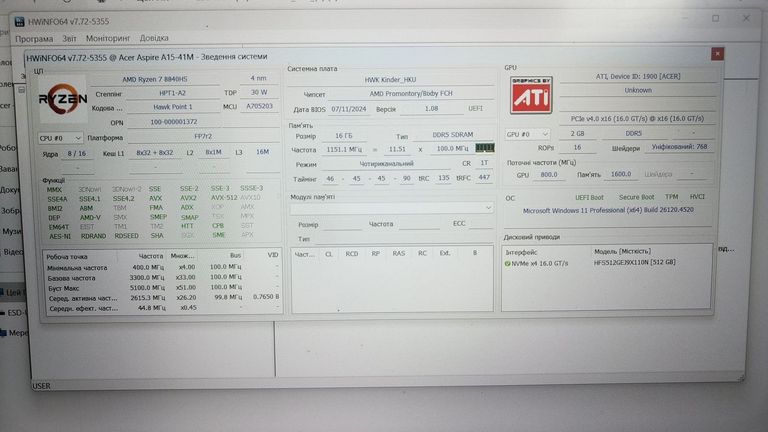 Дешиво Acer 15/ryzen 7 7840hs ddr5/16gb ddr5/hdd *відсутній/ssd 512 gb/*інтегрована с ломбарда