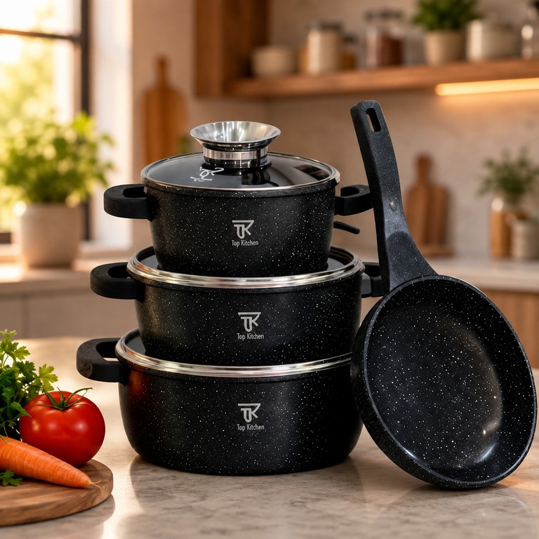 Top Kitchen TK-00076 з антипригарним покриттям 7 предметів + 6 силіконових прихваток Код:null. Зображення 4