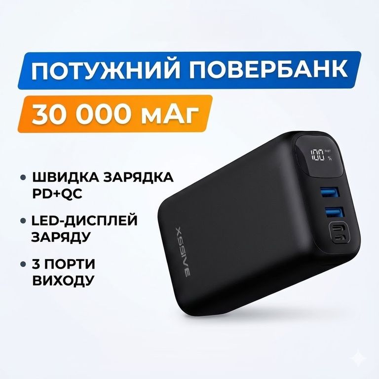 Купити XSSIVE 30000 mAh Fast Charge QC/PD з LED дисплеєм XSS-PB23 Чорний Б/У