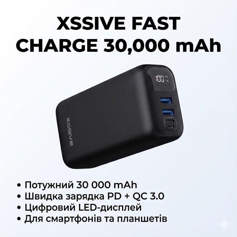 Оголошення XSSIVE 30000 mAh Fast Charge QC/PD з LED дисплеєм XSS-PB23 Чорний Б/У