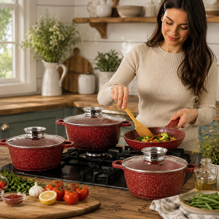 Оголошення Top Kitchen TK-00076 з антипригарним покриттям 7 предметів + 6 силіконових прихваток Б/У