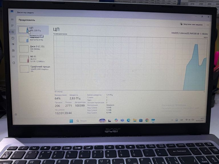 Acer 15/celeron n4500 ddr4/8gb ddr4/hdd *відсутній/ssd 256 gb/*інтегрована Код:01-200886327. Изображение 9
