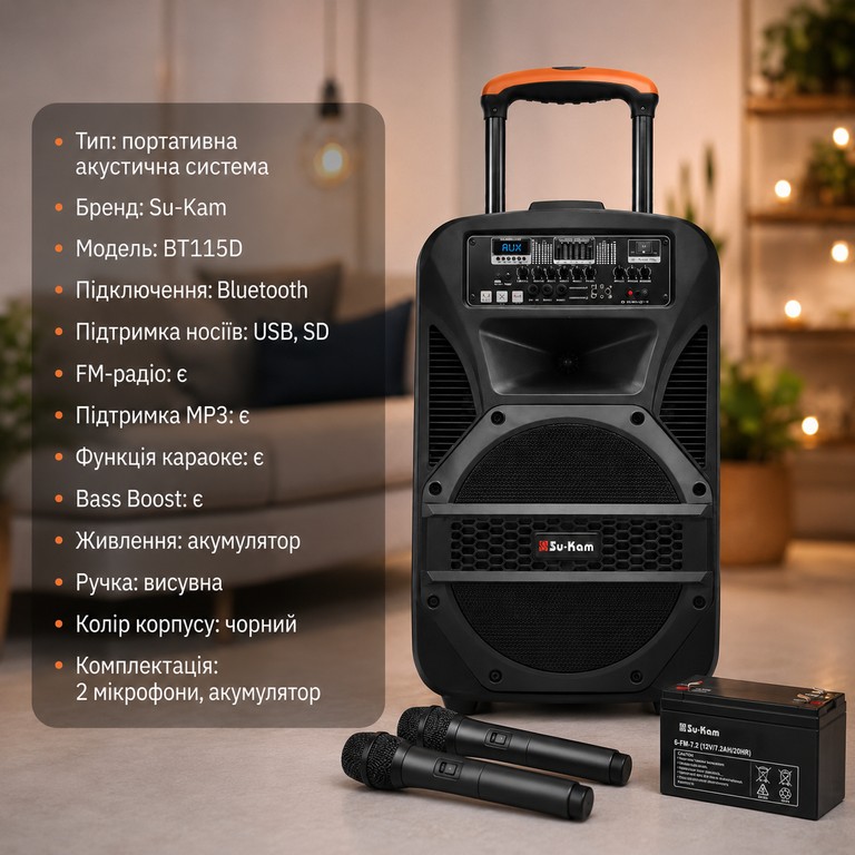 Портативна колонка BT 115 / Портативна колонка Su-Kam BT115D / Bluetooth, USB, FM акустична система караоке-система Код:null. Зображення 5