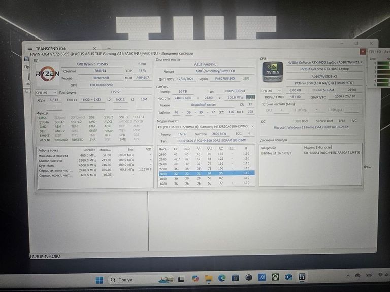 Распродажа Asus 16/ryzen 5 7535hs ddr5/16gb ddr5/hdd *відсутній/ssd 1000 gb/geforce rtx4050 6gb, продавец Техноскарб