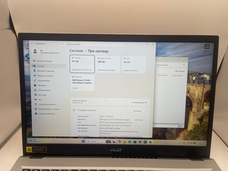 Acer 15/ryzen 5 7520u ddr5/16gb ddr5/hdd *відсутній/ssd 512 gb/*інтегрована Код:01-201065962. Зображення 5