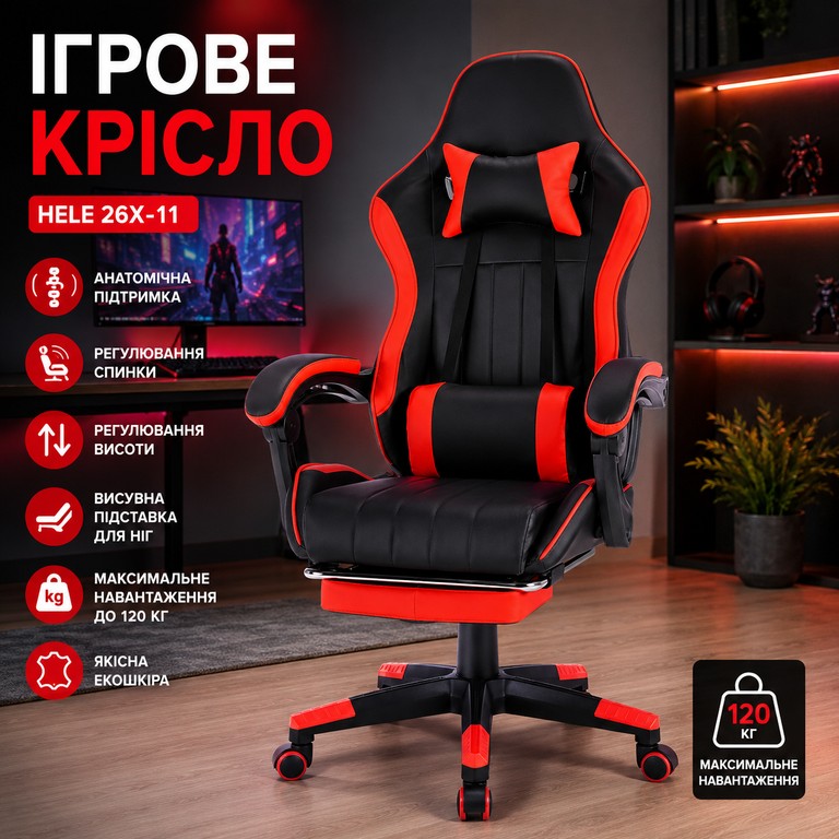 Купить HELE 26X-11 з підставкою для ніг + 2 подушки / чорно-червоне Б/У