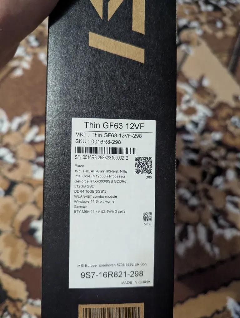 Объявление Msi Thin GF63 12VF Б/У