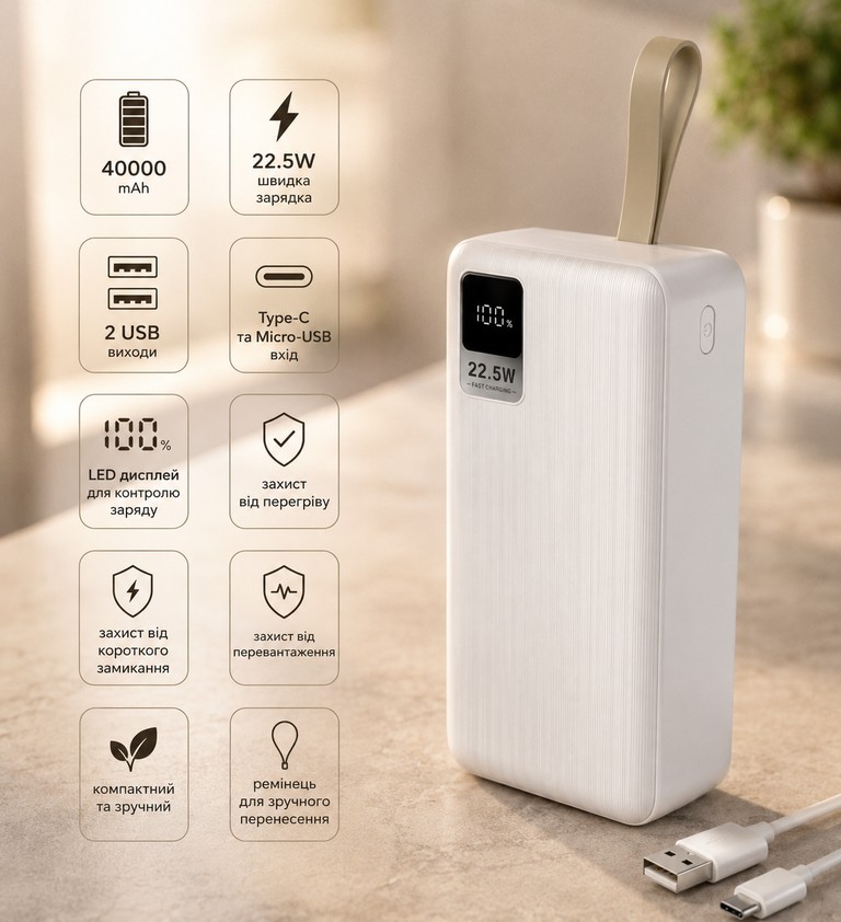 Купить із швидкою зарядкою, 40000mAh / Зовнішній акумулятор 22,5W KP-93 / Power bank 2хUSB Б/У