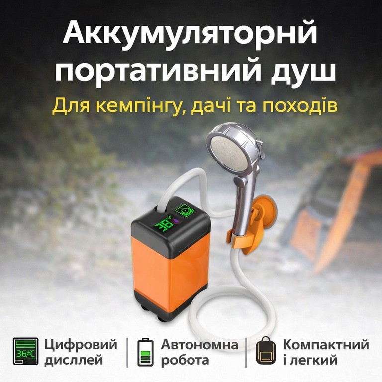 Купить Портативний душ 3.7 В з дисплеєм температури, фільтром і регулюванням напору Б/У