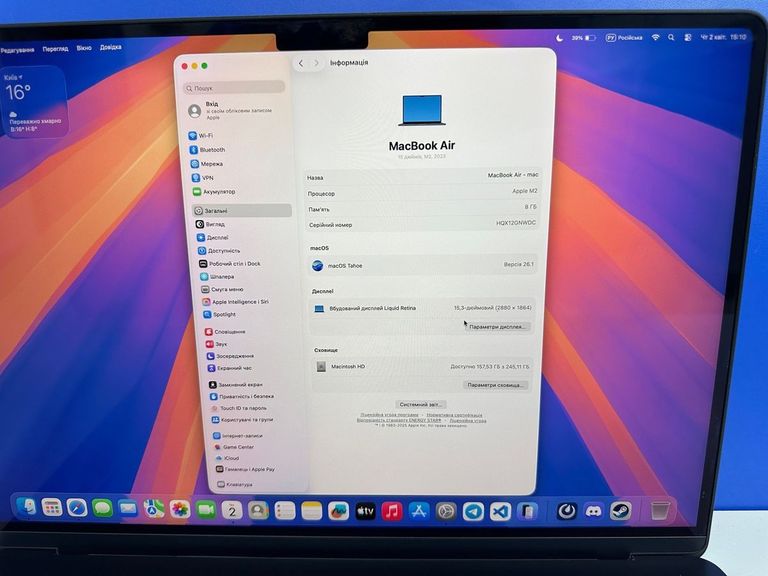 Apple 15,3"/ a2941/ m2 / ram8gb/ ssd256gb/ retina, truetone Код:01-200910027. Зображення 11