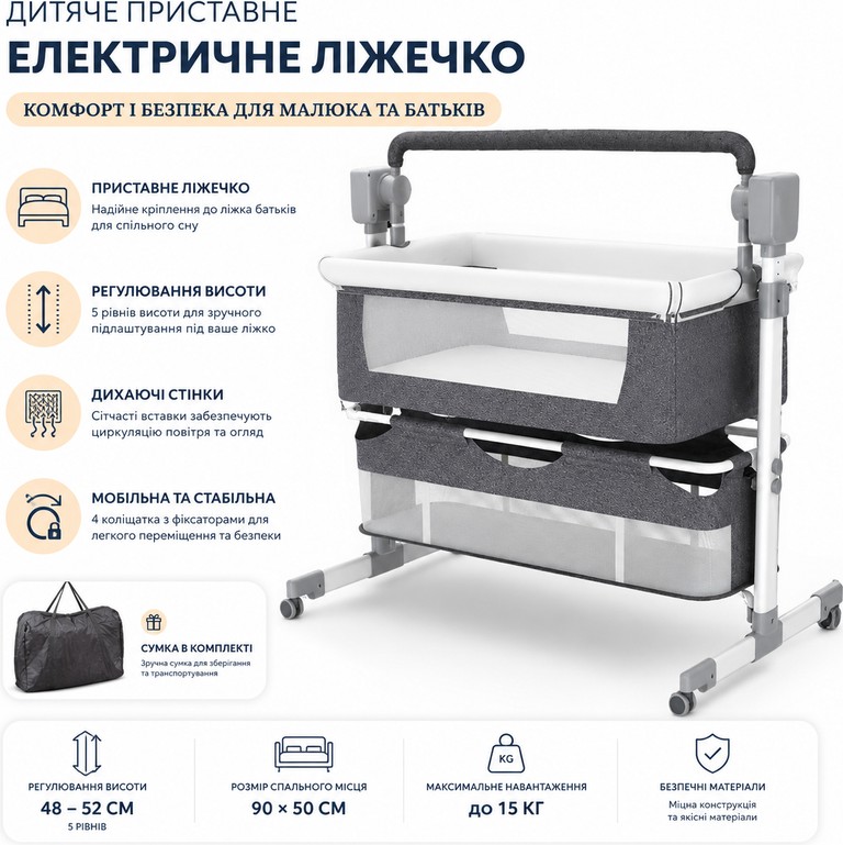 на коліщатках для новонароджених / Дитяче ліжечко з пультом та москітною сіткою Х-651 / Електрична приставна л Код:null. Зображення 10