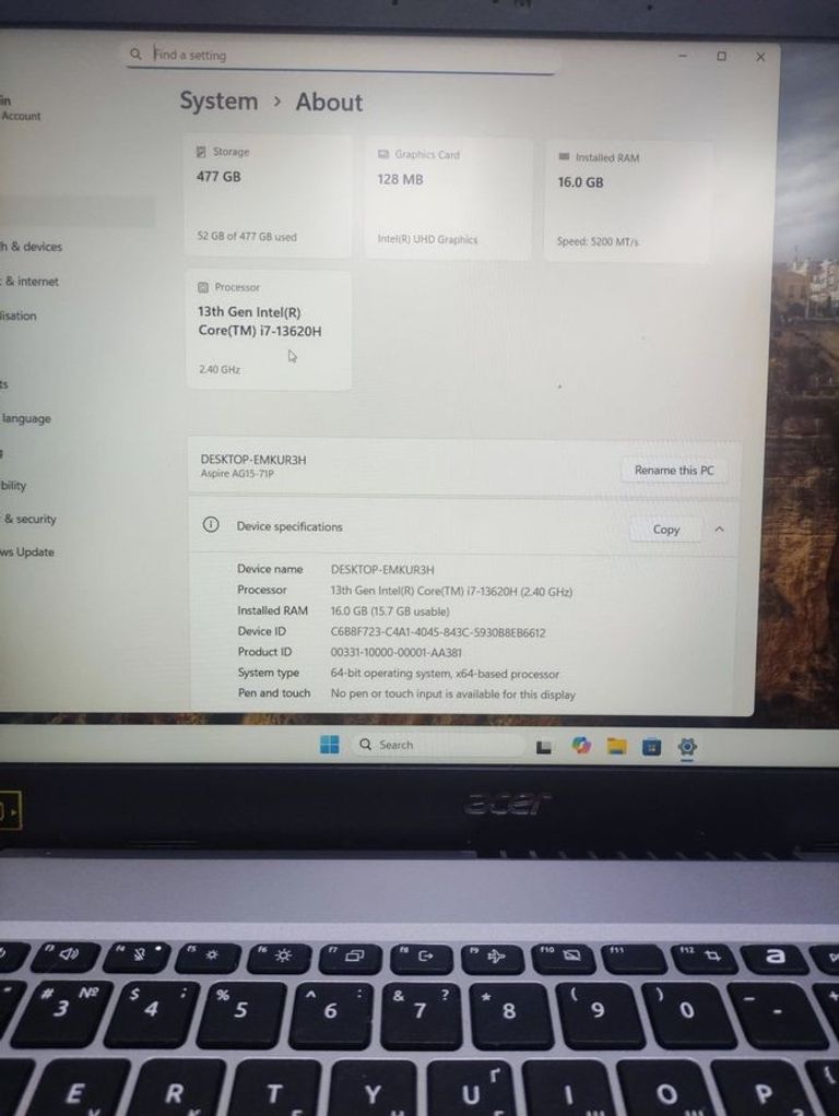 Acer 14/core i7-13620h ddr5/16gb ddr3/hdd *відсутній/ssd 512 gb/*інтегрована Код:01-200809209. Изображение 6