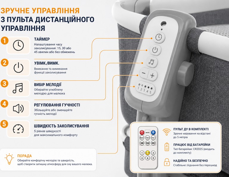 на коліщатках для новонароджених / Дитяче ліжечко з пультом та москітною сіткою Х-651 / Електрична приставна л Код:null. Зображення 11